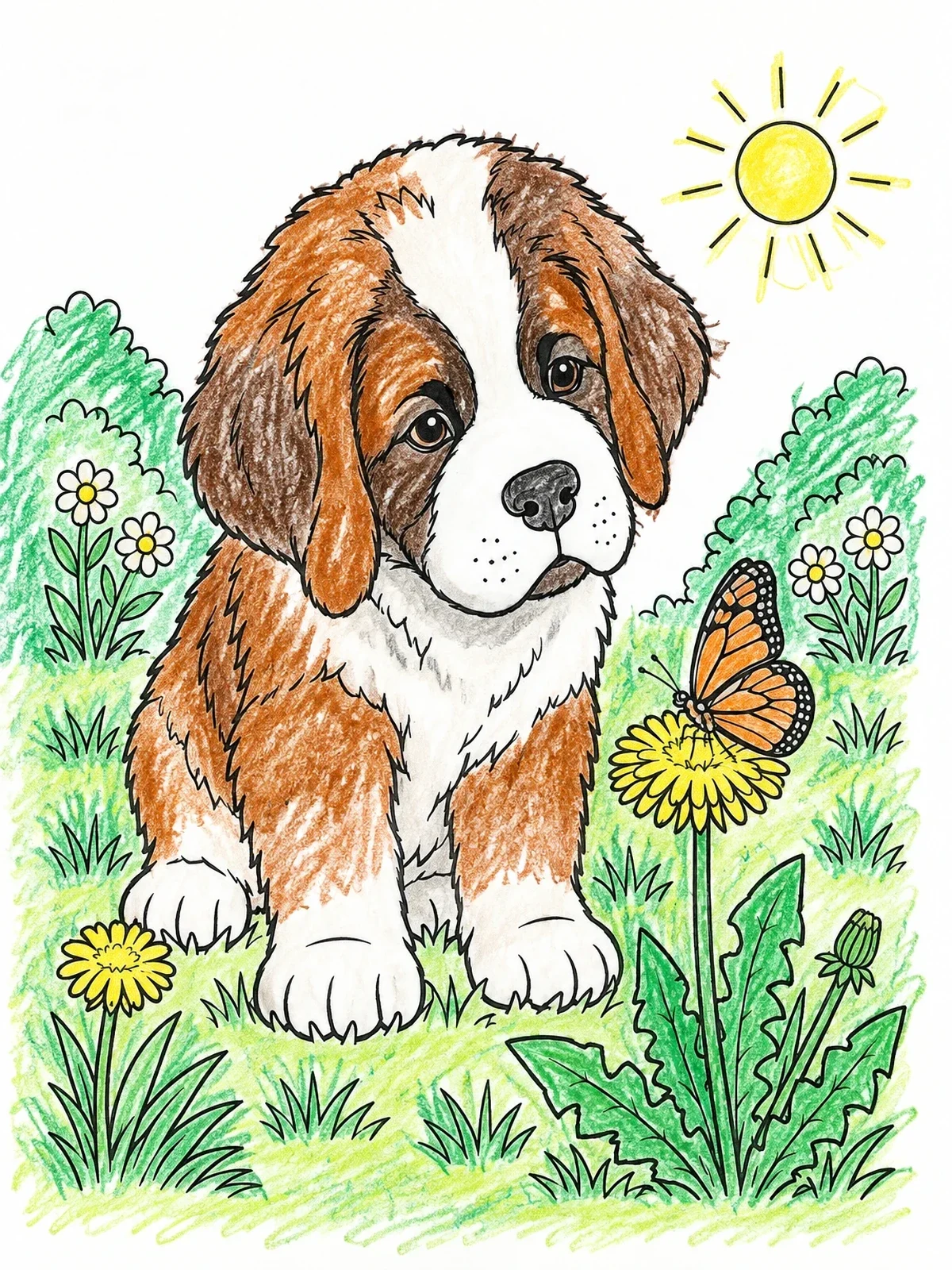 Colored example of the Saint Bernard Puppy With Butterfly coloring page