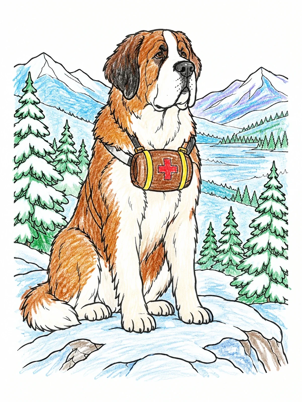Colored example of the Saint Bernard Rescue Dog In The Mountains coloring page