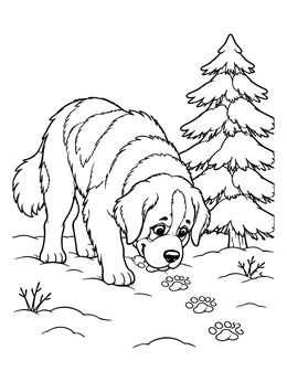 Free printable Saint Bernard Sniffing Snowy Tracks coloring page