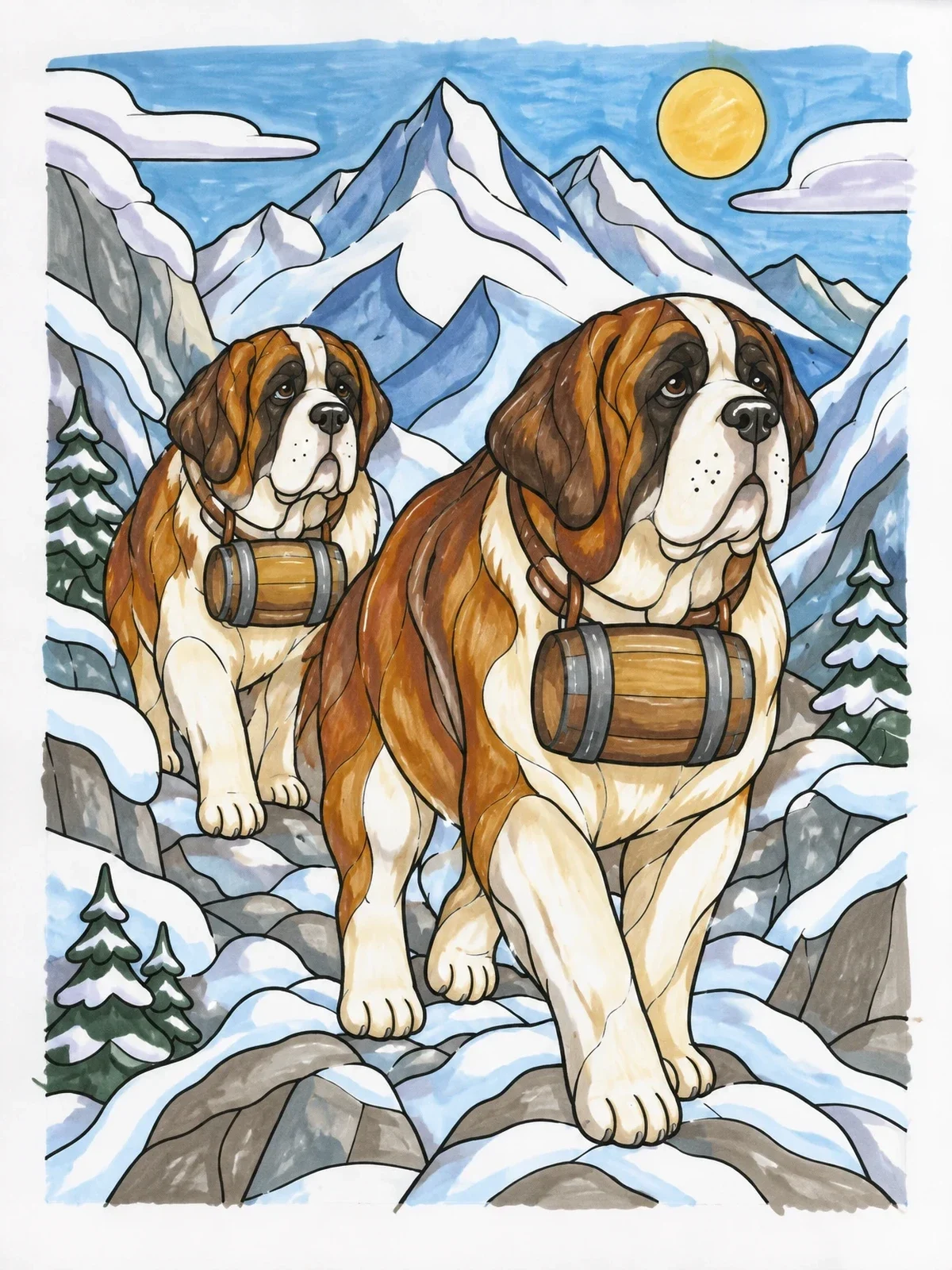 Colored example of the Saint Bernards In Snowy Mountain Pass coloring page