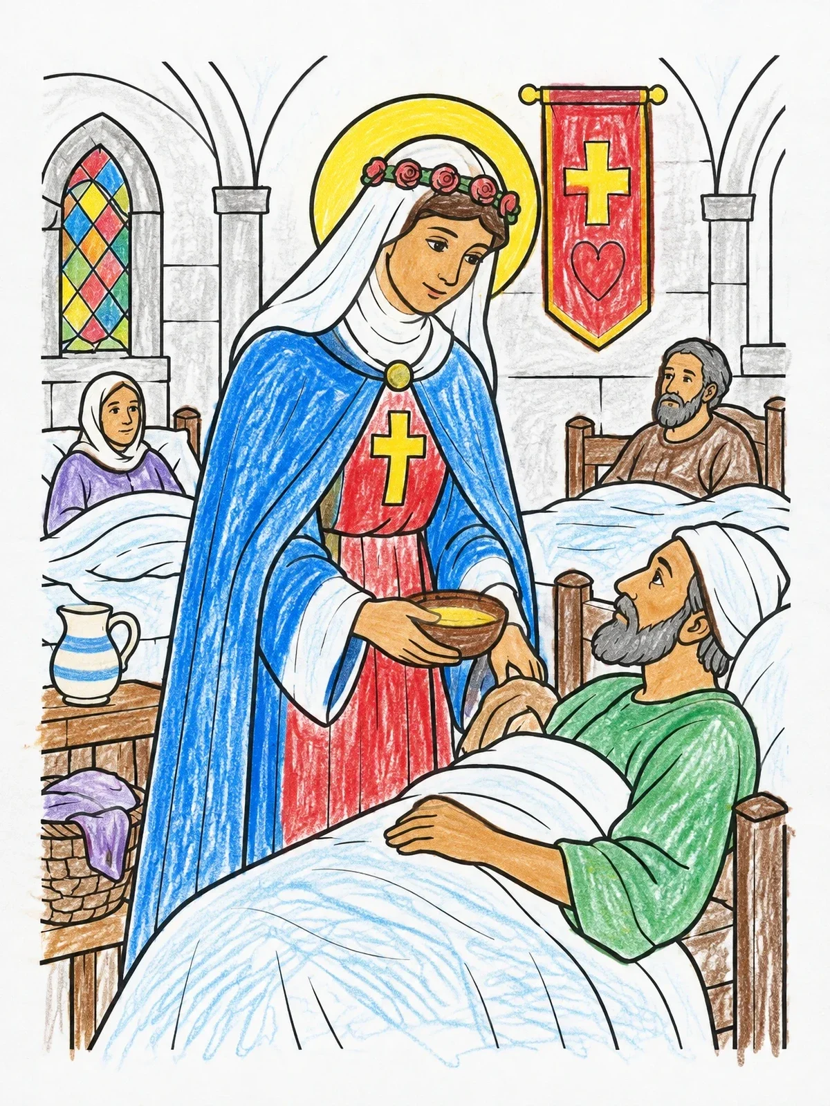 Colored example of the Saint Elizabeth Caring For The Sick coloring page