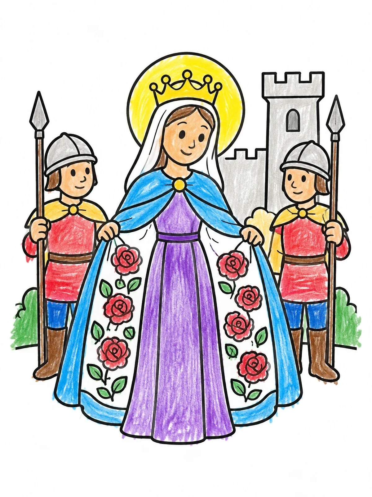 Colored example of the Saint Elizabeth And The Miracle Of Roses coloring page