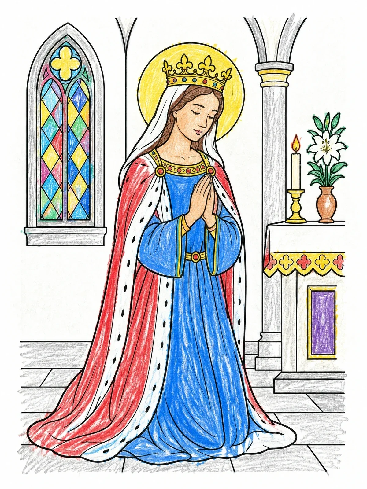 Colored example of the Saint Elizabeth Of Hungary In Prayer coloring page