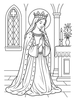 A peaceful hungary coloring page featuring Saint Elizabeth praying in a medieval stone chapel.