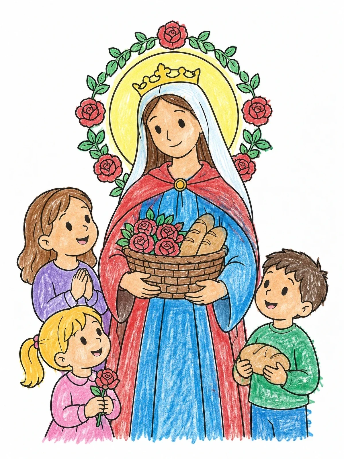 Colored example of the Saint Elizabeth Of Hungary With Children coloring page