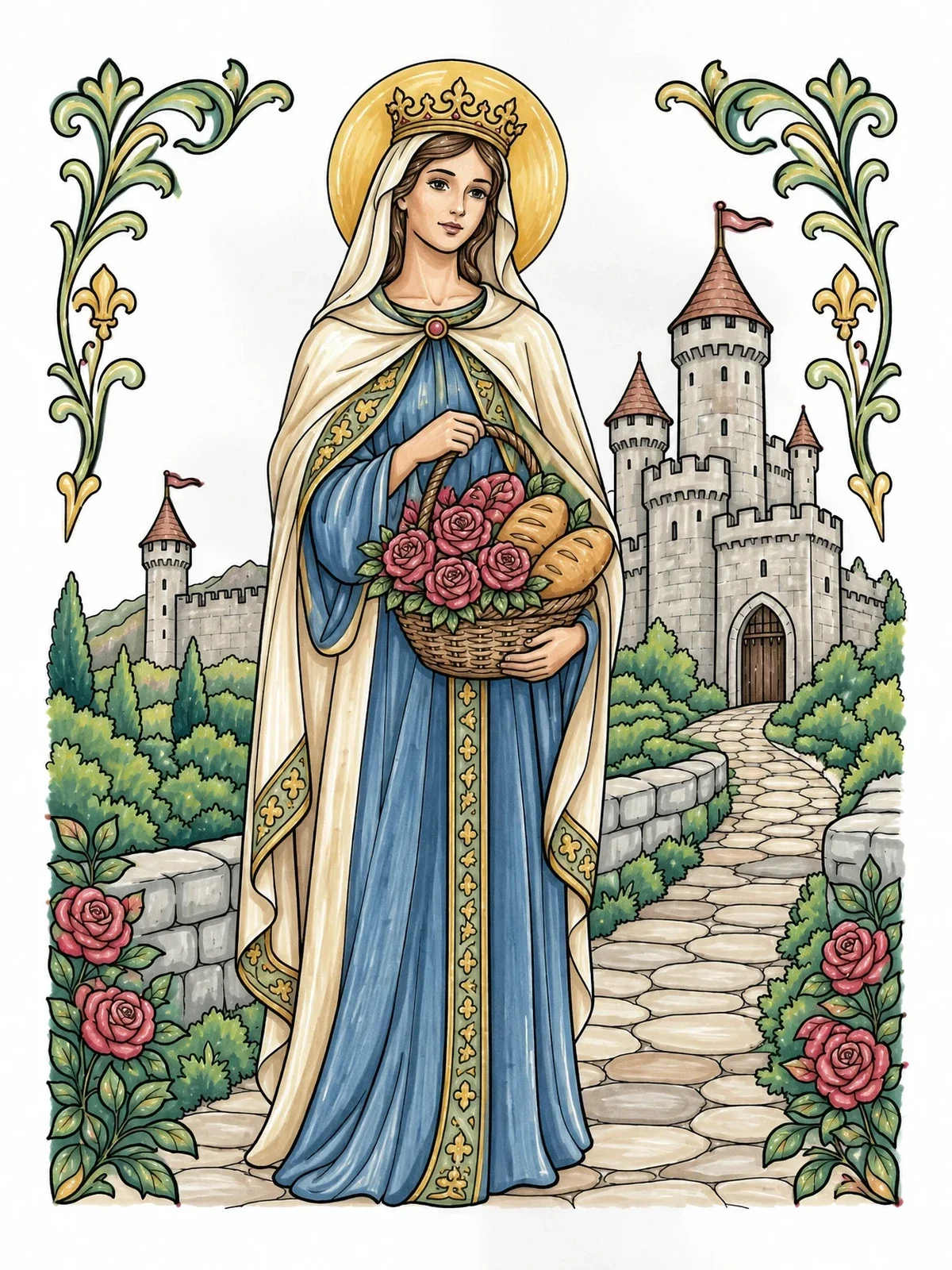 Colored example of the Saint Elizabeth Of Hungary With Roses coloring page