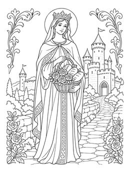 A detailed hungary coloring page featuring Saint Elizabeth holding a basket of roses and bread before a castle.