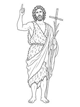 A leonardo da vinci coloring page depicting Saint John the Baptist holding a reed cross.