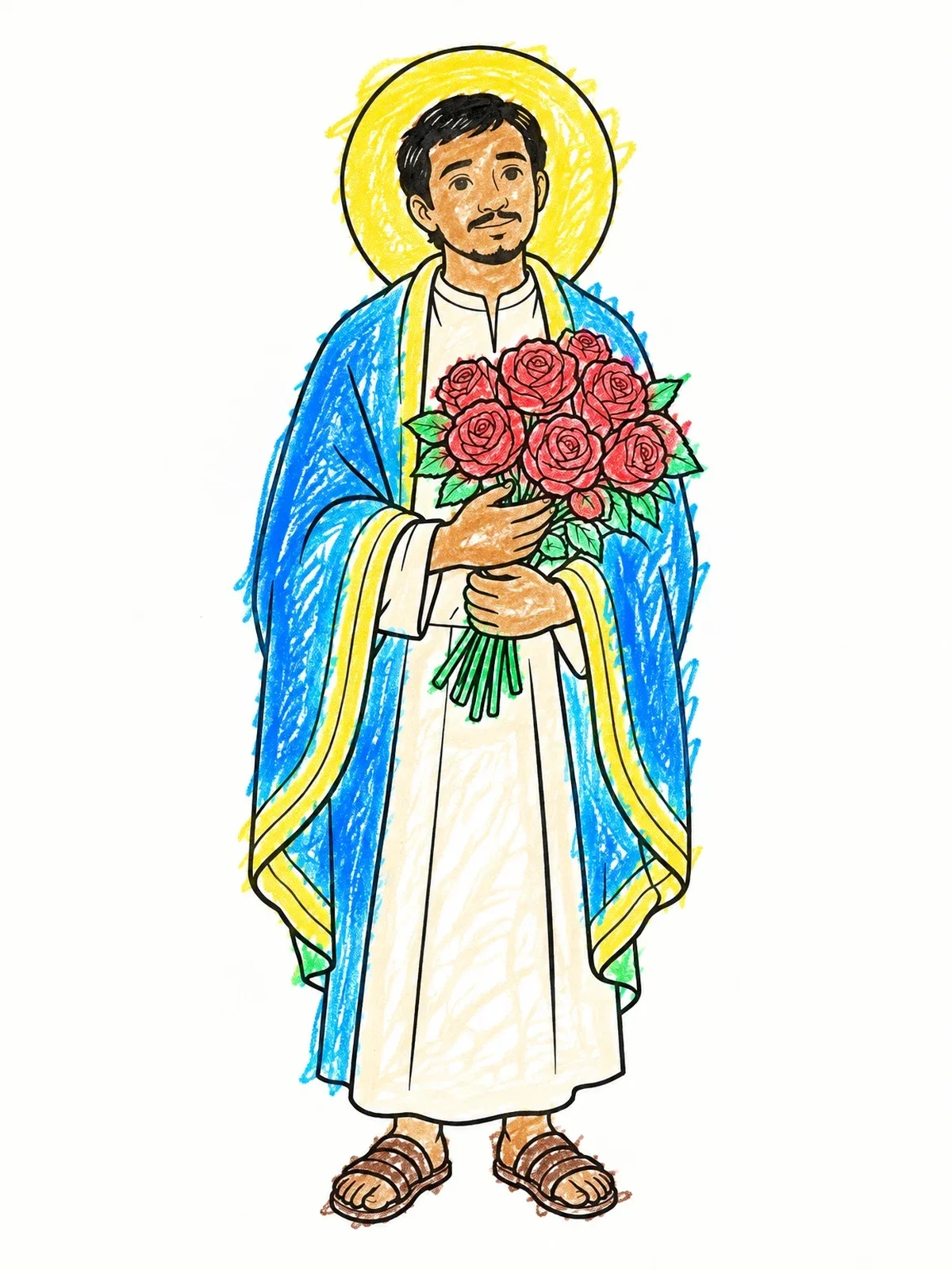 Colored example of the Saint Juan Diego With Blooming Roses coloring page