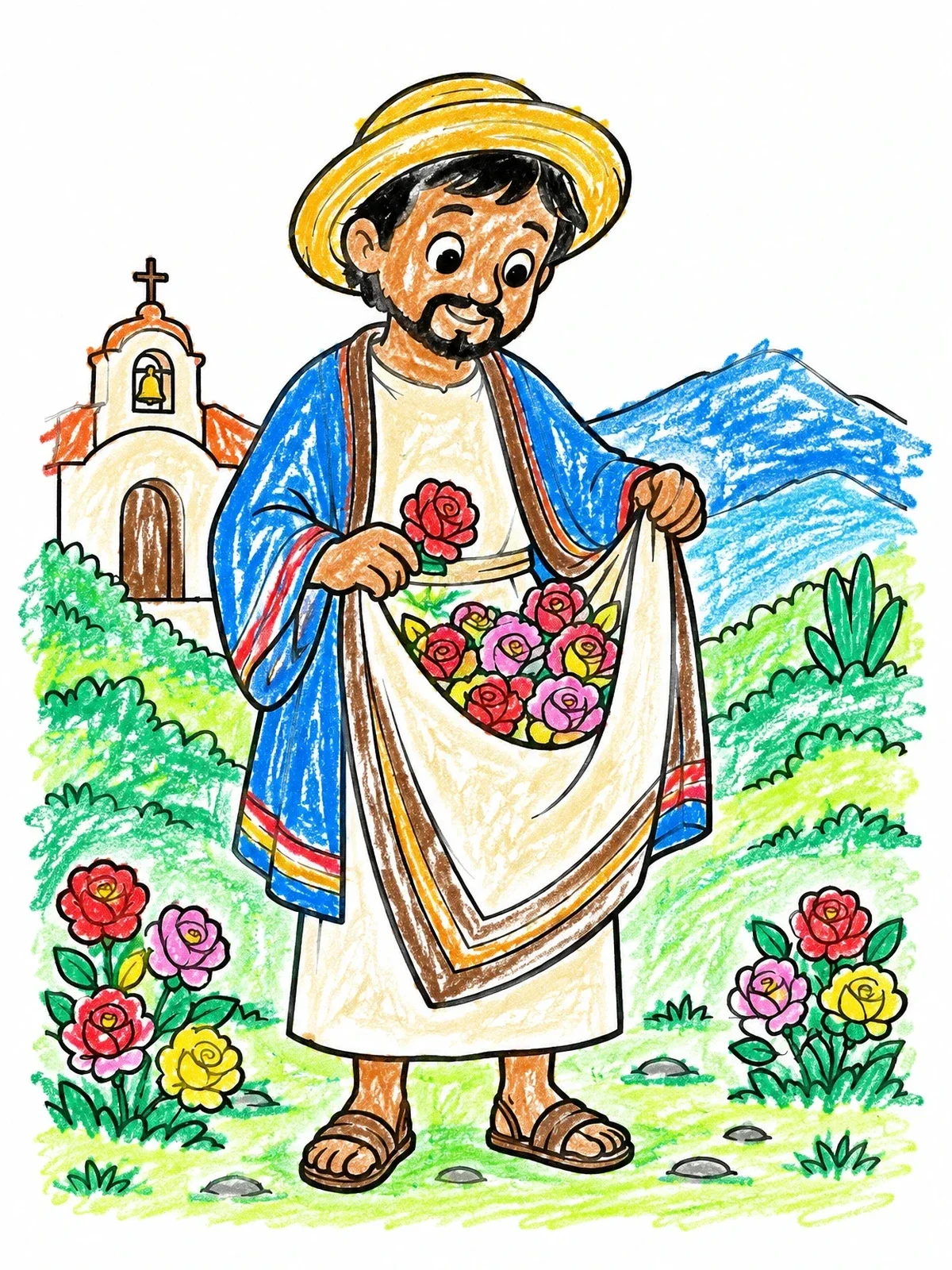 Colored example of the Saint Juan Diego Gathering Fresh Roses coloring page