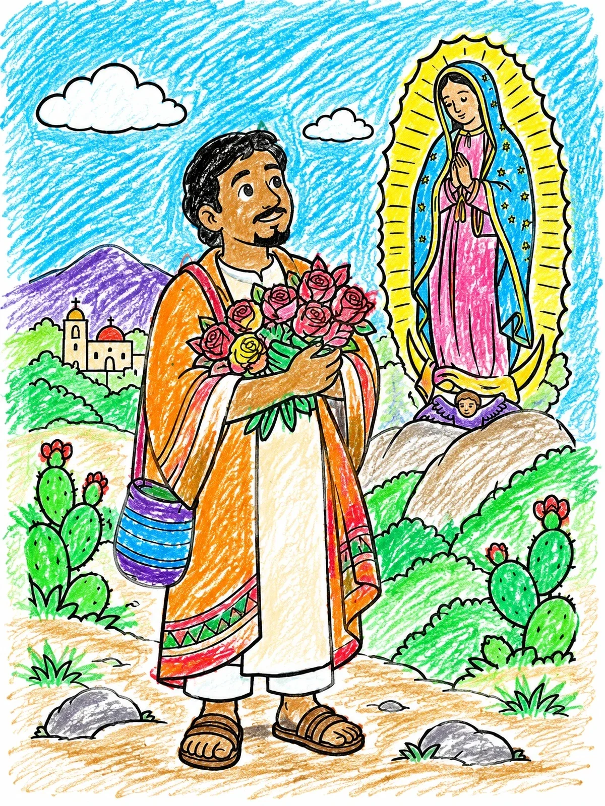 Colored example of the Saint Juan Diego With Roses coloring page
