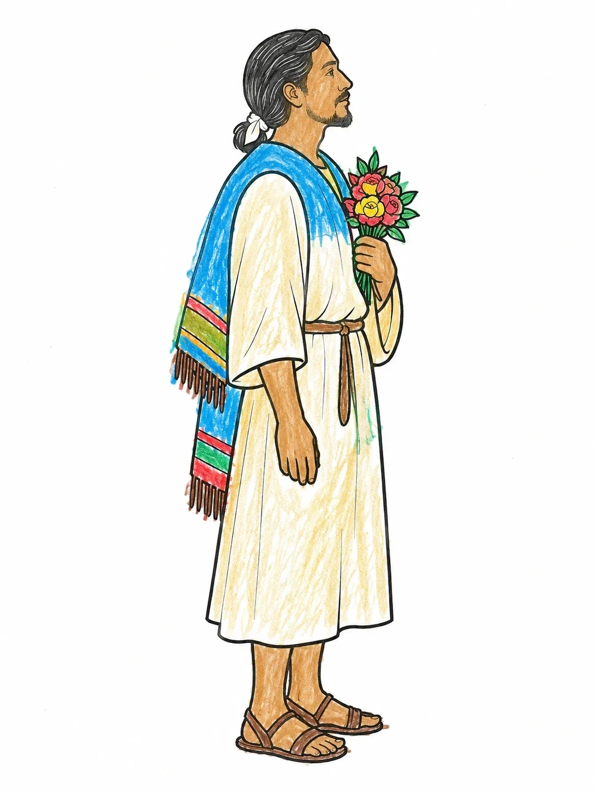 Colored example of the Saint Juan Diego Holding Roses coloring page