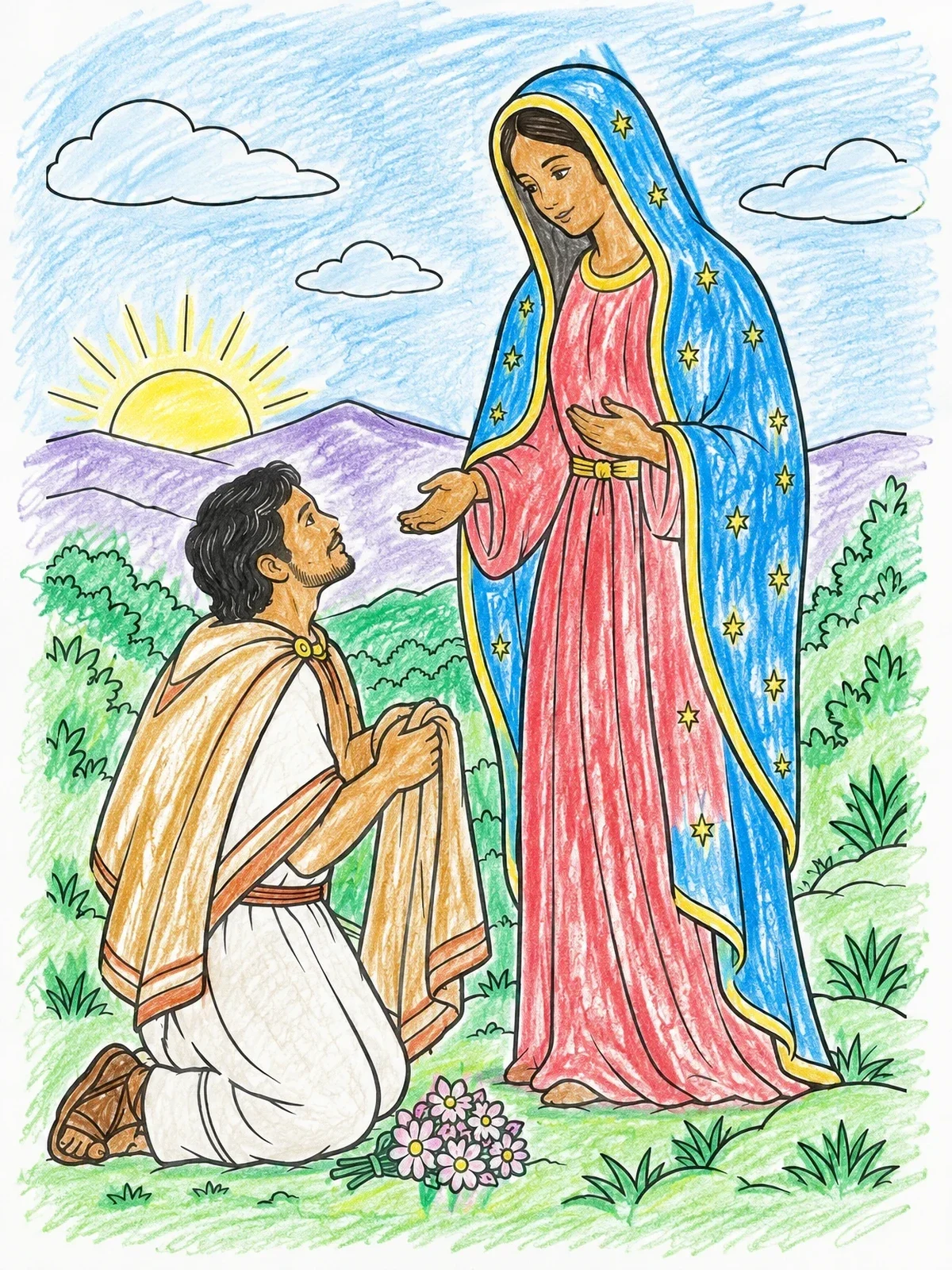 Colored example of the Saint Juan Diego And Our Lady Of Guadalupe coloring page