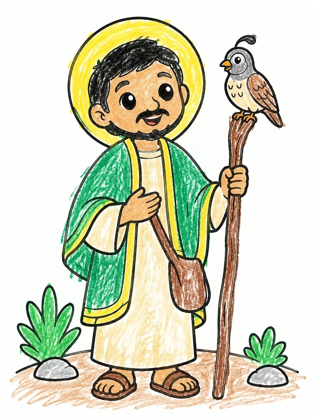 Colored example of the Saint Juan Diego With Quail coloring page