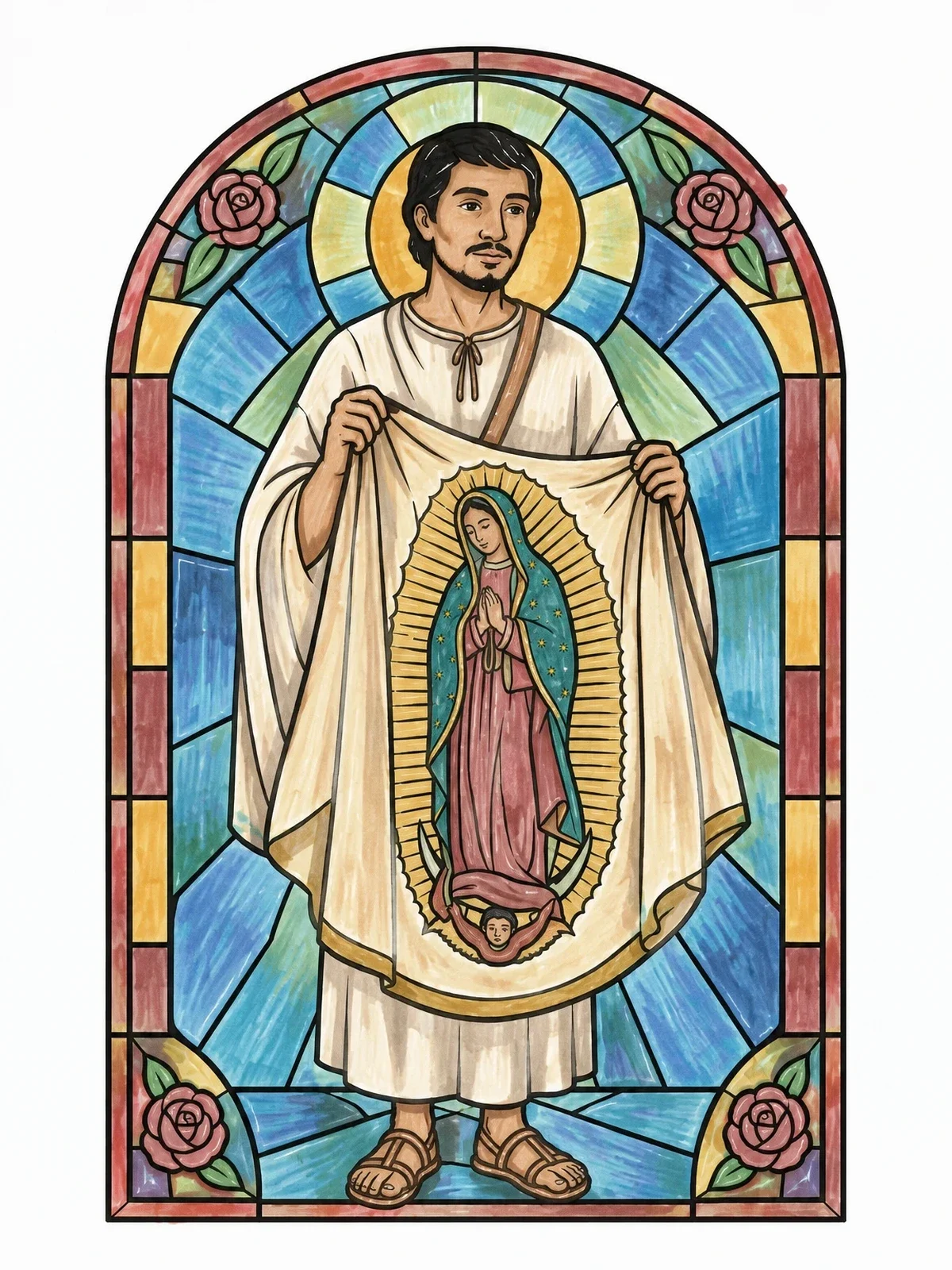 Colored example of the Saint Juan Diego Stained Glass coloring page
