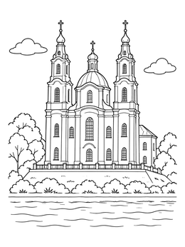 A historic church by the river featured in this belarus coloring page.