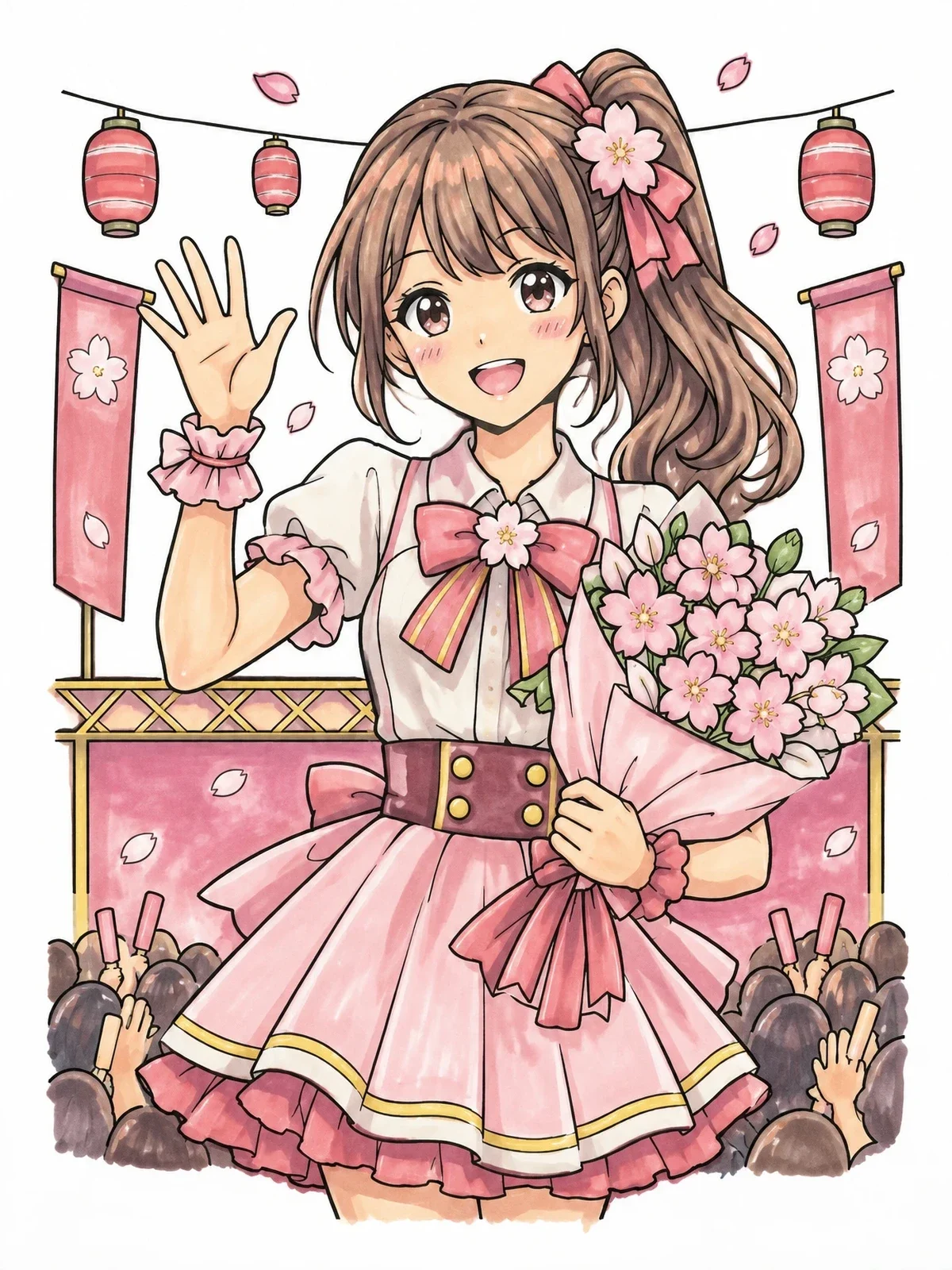 Colored example of the Anime Pop Idol With Cherry Blossoms coloring page