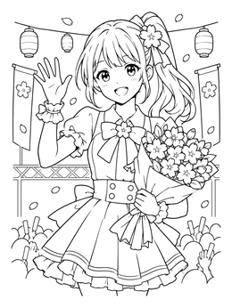 An anime pop idol waves at a festival in this sakura coloring page.