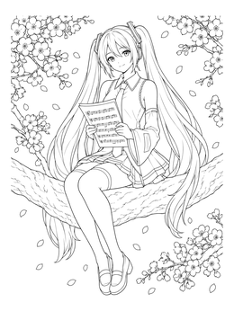 An anime girl with long twin tails rests on a tree branch in this sakura coloring page.