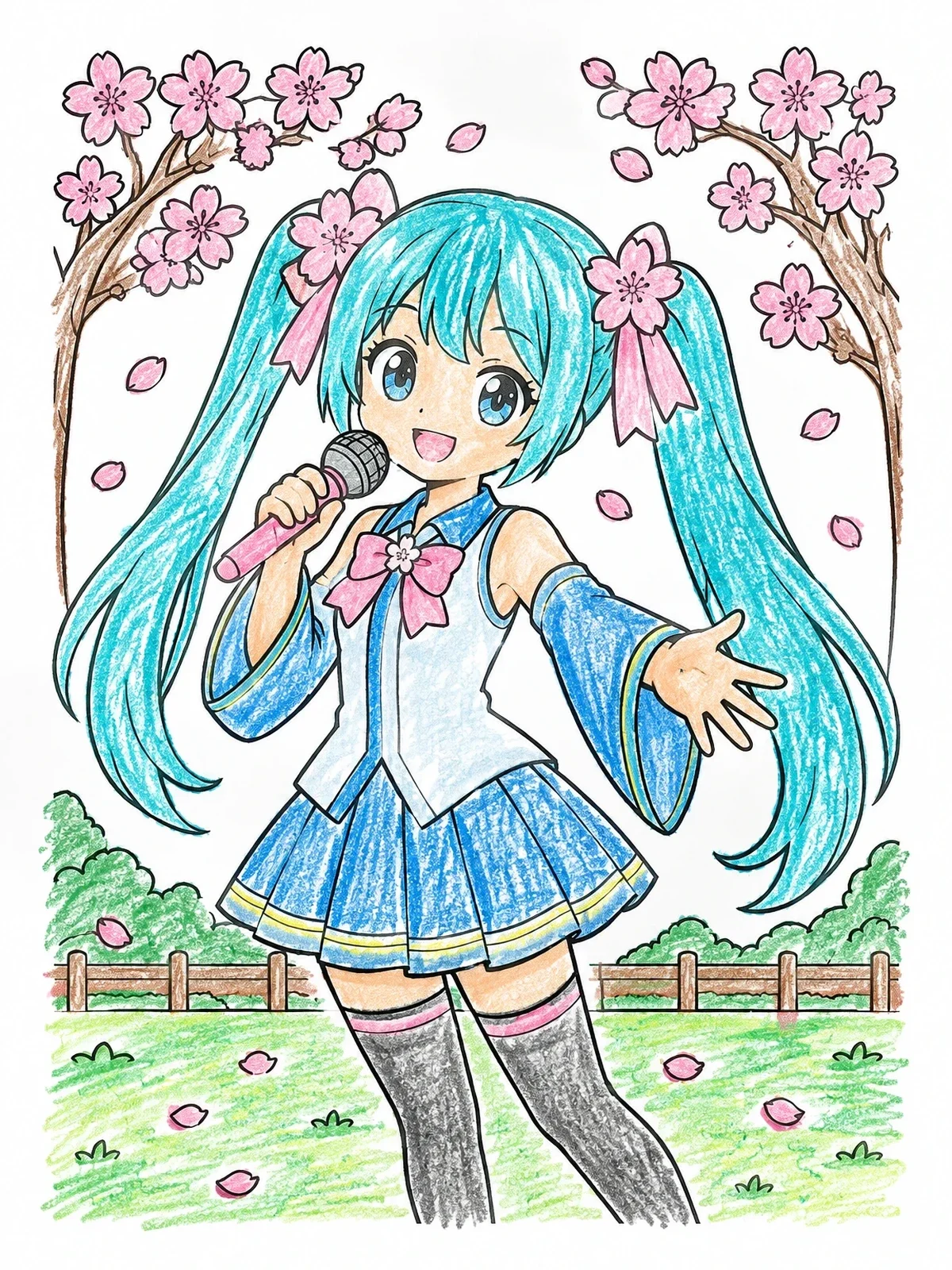 Colored example of the Anime Singer Under Cherry Blossoms coloring page