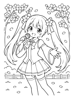Free printable Anime Singer Under Cherry Blossoms coloring page