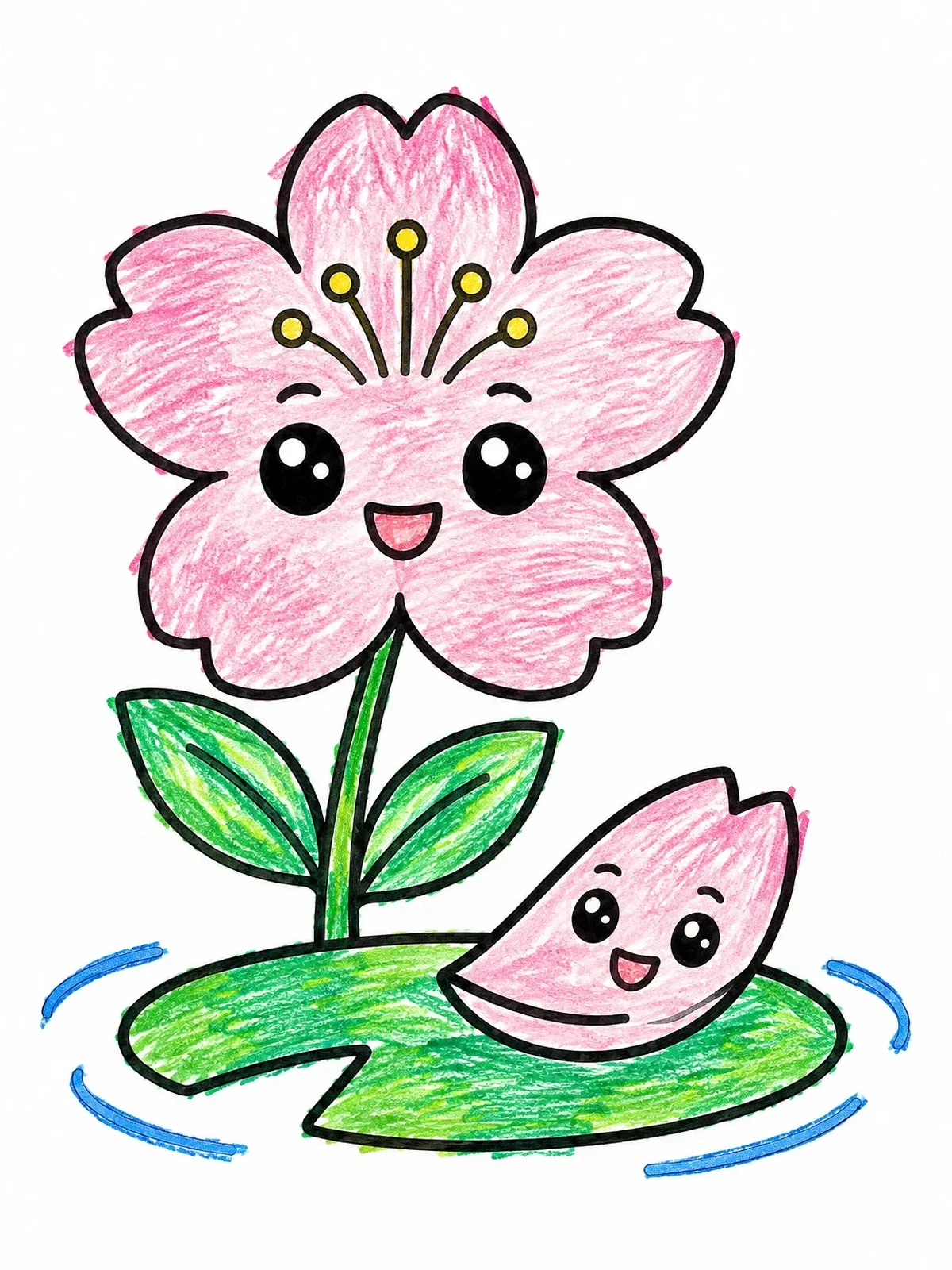 Colored example of the Cute Cherry Blossom And Floating Petal coloring page