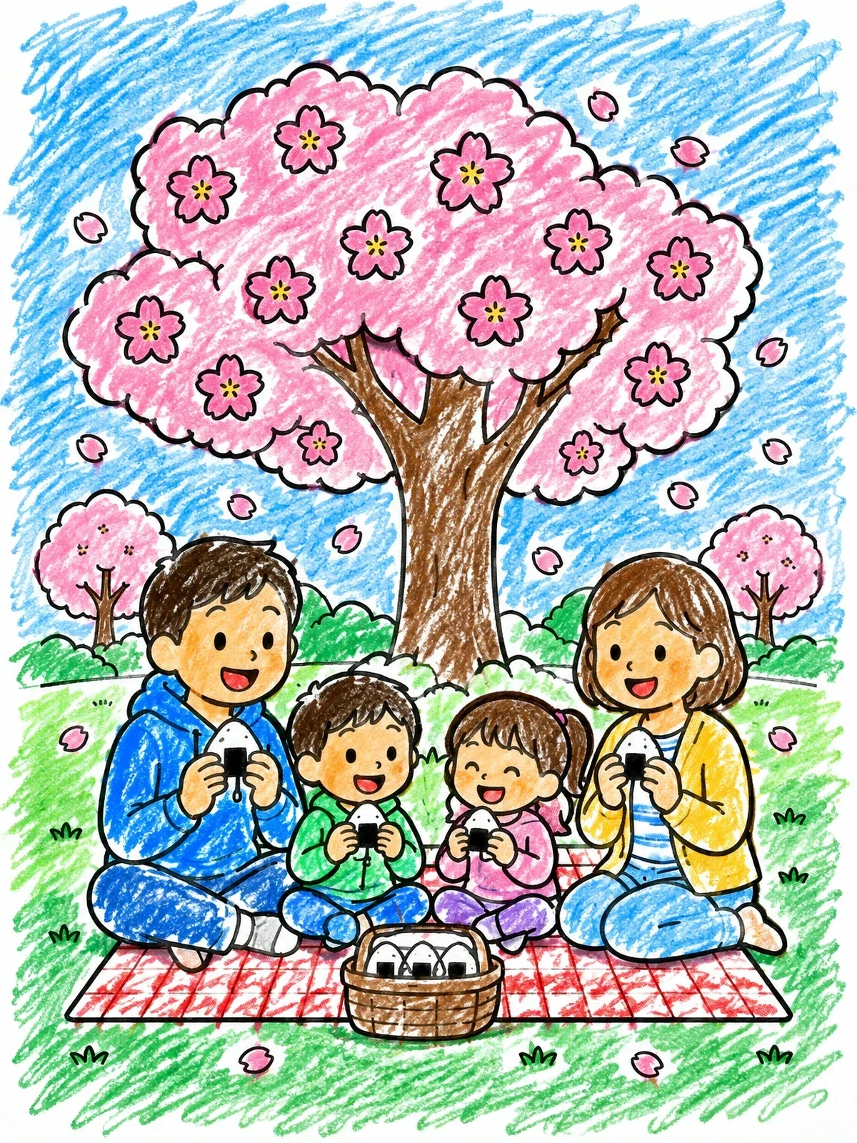 Colored example of the Family Picnic Under Cherry Blossoms coloring page