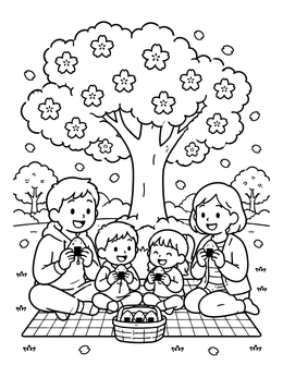 Free printable Family Picnic Under Cherry Blossoms coloring page