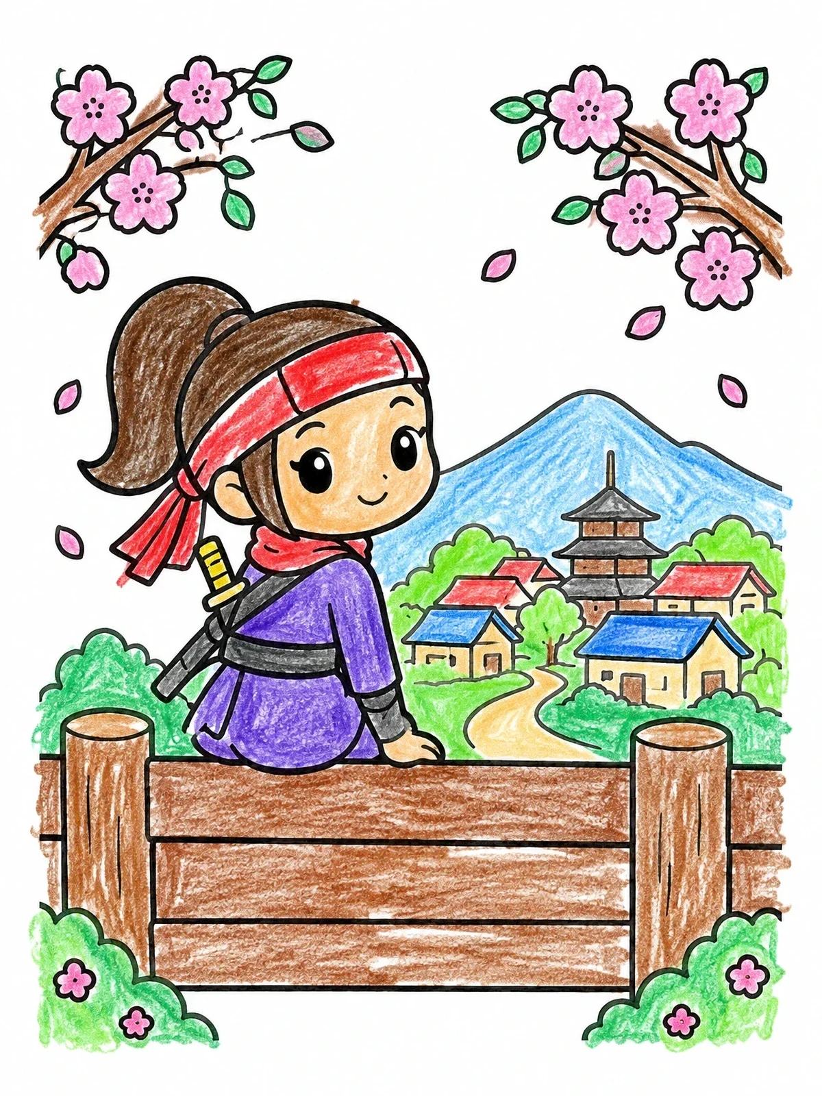 Colored example of the Little Ninja By Cherry Blossoms coloring page