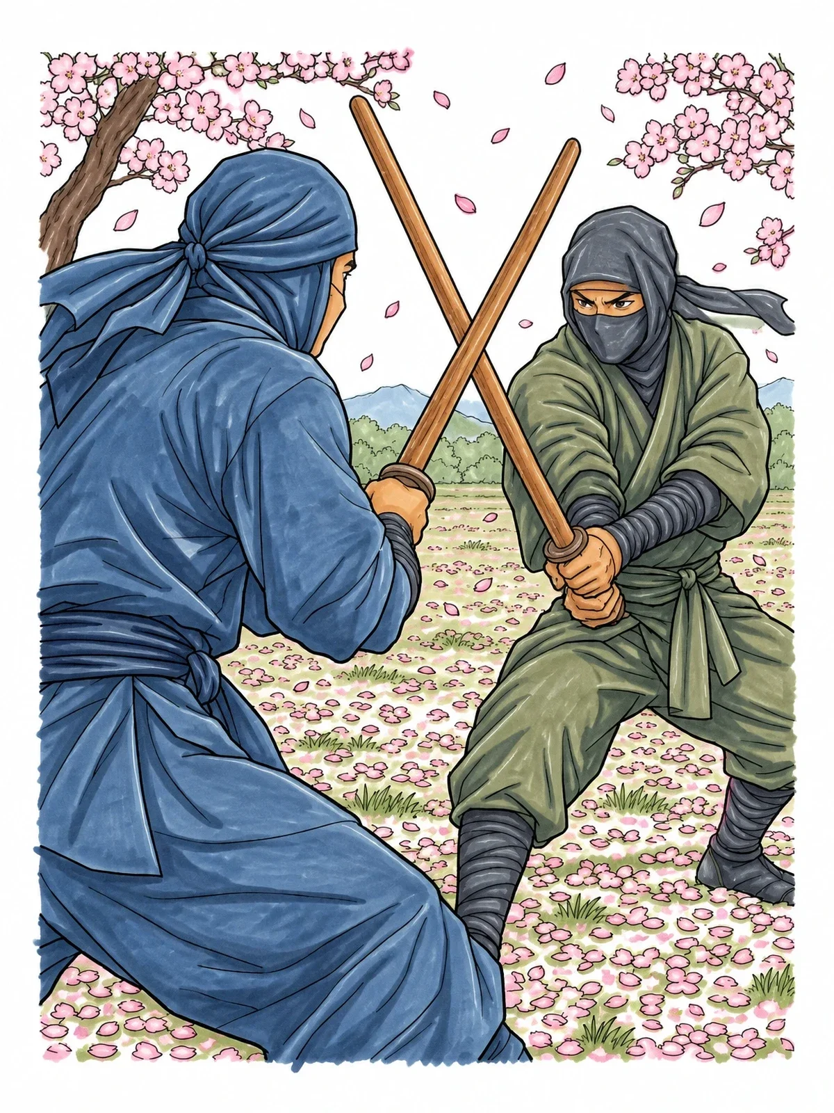 Colored example of the Ninja Sparring Under Cherry Blossoms coloring page