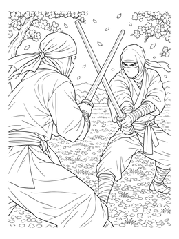 Two ninjas sparring with wooden swords on this dynamic sakura coloring page.