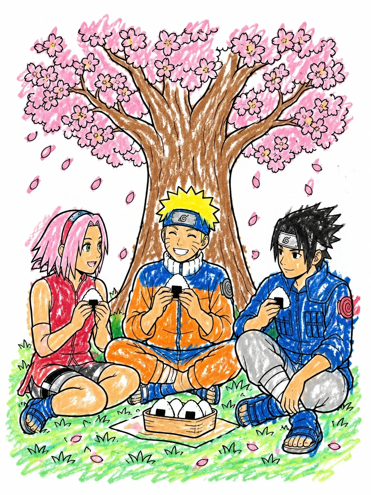 Colored example of the Ninja Squad Picnic Under Cherry Tree coloring page