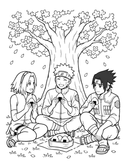 Three young anime ninja friends eat rice balls under blooming trees in this sakura coloring page.