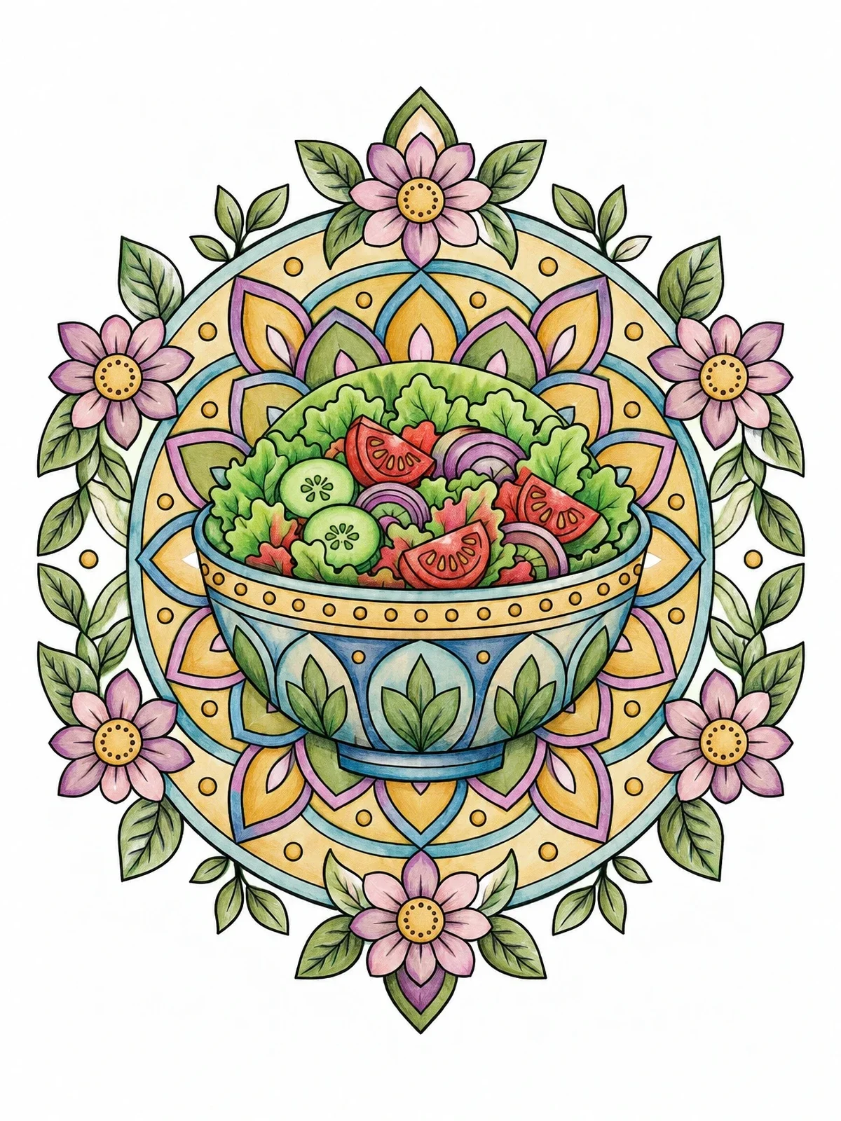 Colored example of the Salad Bowl Floral Mandala Art coloring page
