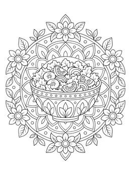 An intricate salad coloring page featuring a fresh bowl inside an ornamental floral mandala.