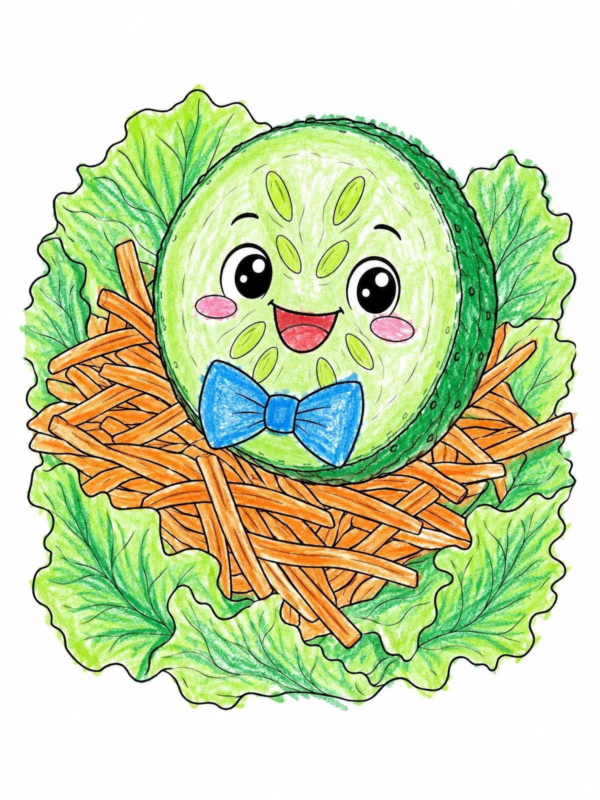 Colored example of the Happy Cucumber Slice With Bowtie coloring page