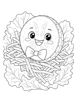 A happy cucumber slice with a bowtie rests on salad coloring page greens.