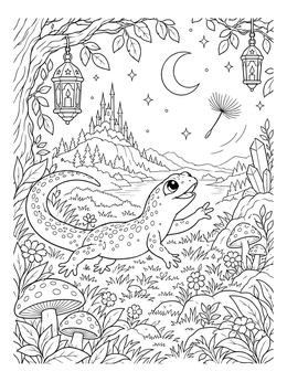 A cute salamander coloring page featuring a fantasy landscape with lanterns and a distant castle.