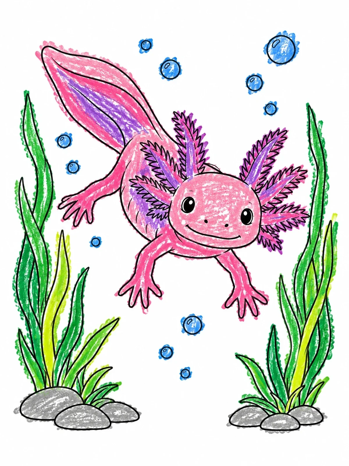 Colored example of the Cute Axolotl Swimming Underwater coloring page
