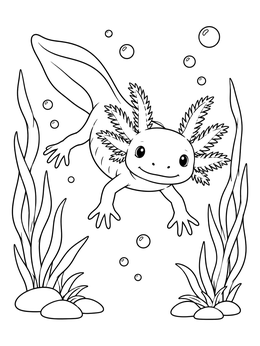 A cheerful baby axolotl swims among bubbles and plants in this cute salamander coloring page.