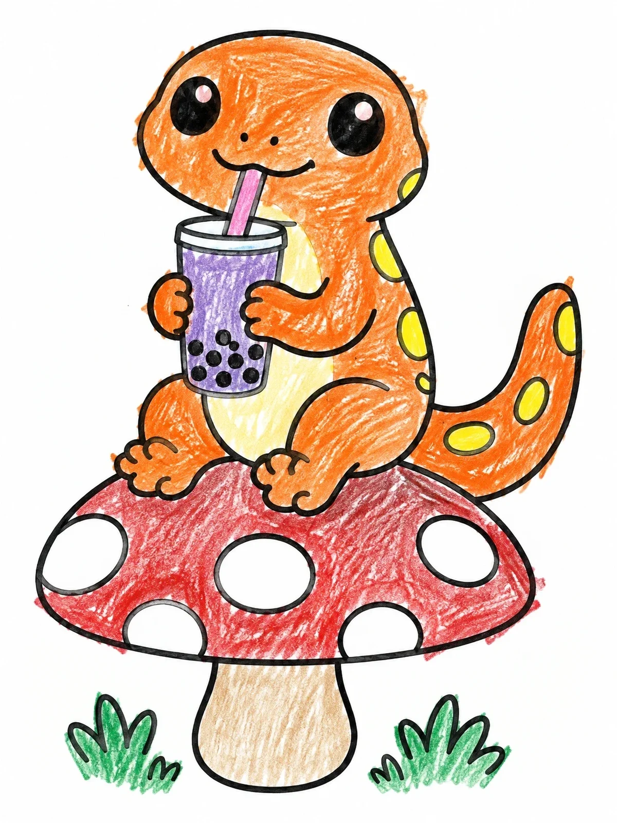 Colored example of the Cute Salamander Drinking Boba On Mushroom coloring page