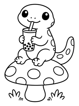A cute cartoon salamander coloring page sitting on a mushroom and drinking bubble tea.