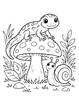Free printable Cute Salamander On A Mushroom With Snail coloring page