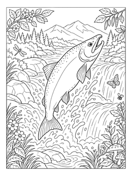 Free printable Salmon Leaping Up A Waterfall coloring page