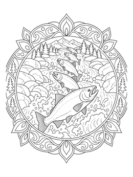 A detailed salmon coloring page showing fish leaping upstream inside an ornate circular mandala frame.