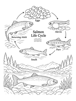 A detailed salmon coloring page illustrating the stages from egg to returning adult above a river scene.