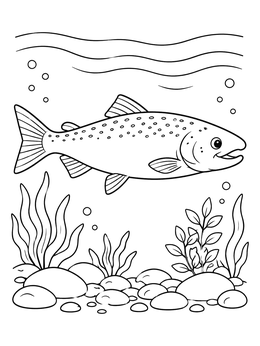 Free printable Salmon Swimming Over River Stones coloring page