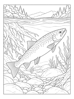 A detailed salmon coloring page showing a fish swimming over a rocky riverbed near submerged roots.