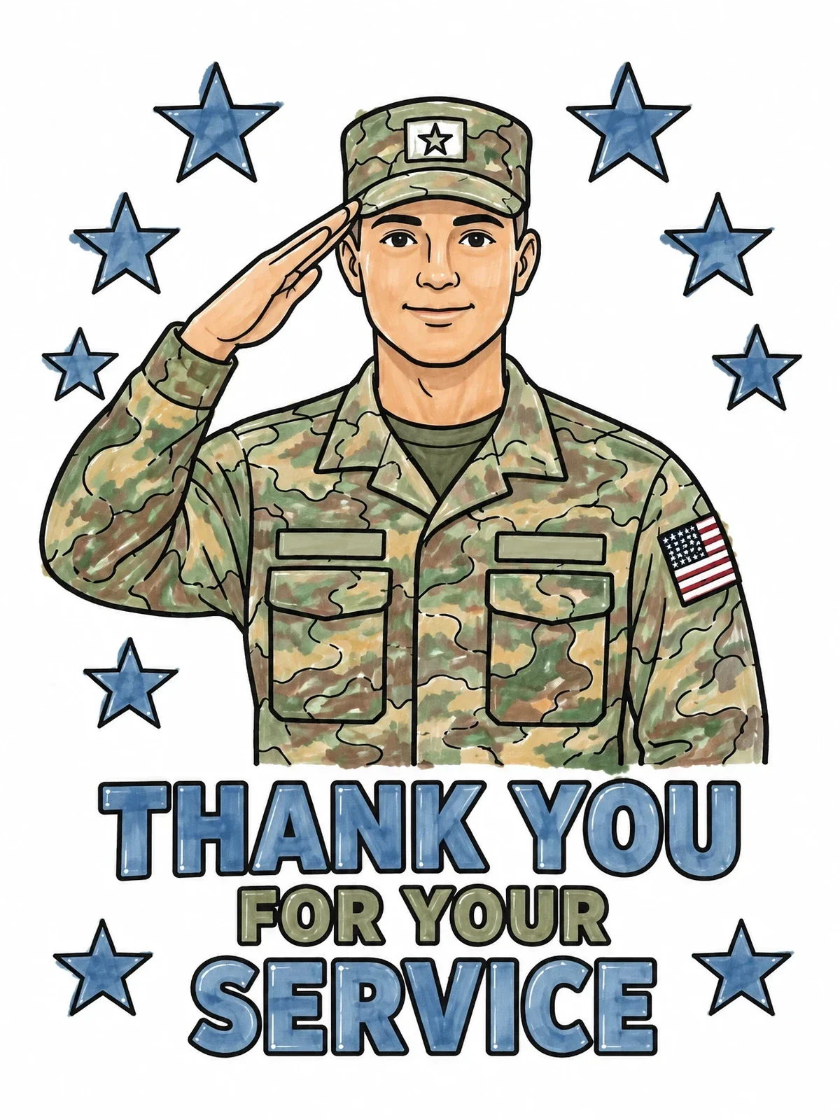 Colored example of the Saluting Soldier Thank You Tribute coloring page