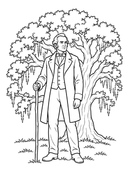 A historic figure beside an oak tree on this Sam Houston coloring page.